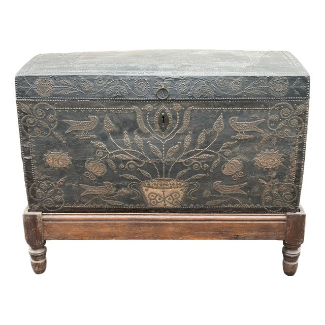17th Century Leather Bound Wedding Chest Coffee on Stand For Sale