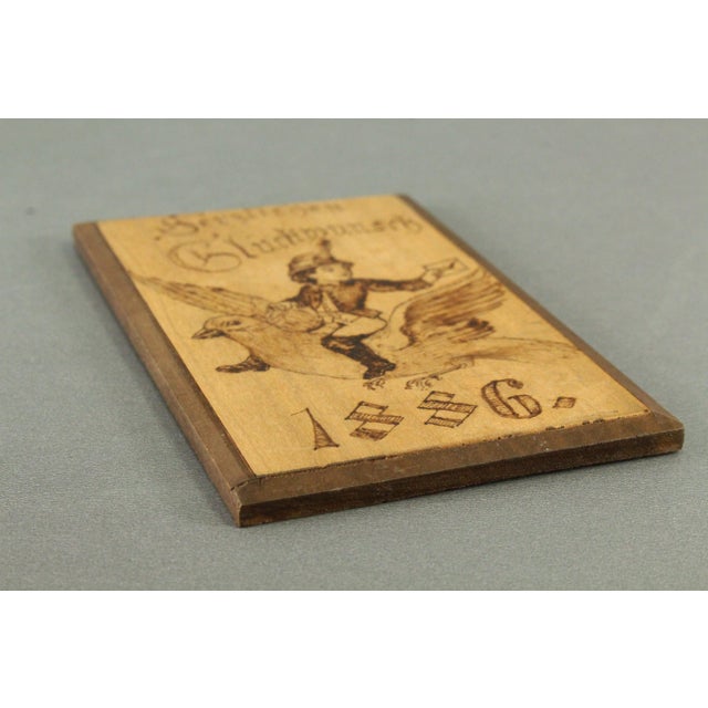 1886 Pyrographed Wood Greetings Card Boy & Pigeon Post, German Folk Art For Sale - Image 11 of 15