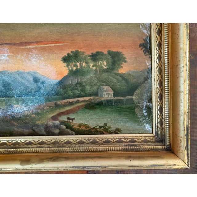 Mid 19th Century 19th Century Luminist Folk Art Landscape Painting With Sunset For Sale - Image 5 of 17