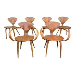 Mid 20th Century Set of Six Norman Cherner Style Plywood Pretzel L Dining Chairs by Plycraft, Usa