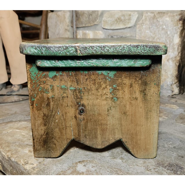Early 20th Century Rustic Wooden Step Stool, Original Green Paint With Cut Out Hole For Sale - Image 10 of 14