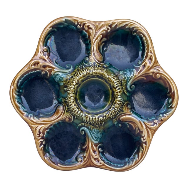 French Green Majolica Oyster Plate, Circa 1900 For Sale