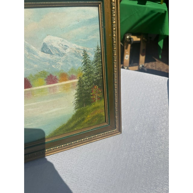Green 1990s Gold and Green Framed Riverside Painting With Colorful Foliage and Mountains For Sale - Image 8 of 8