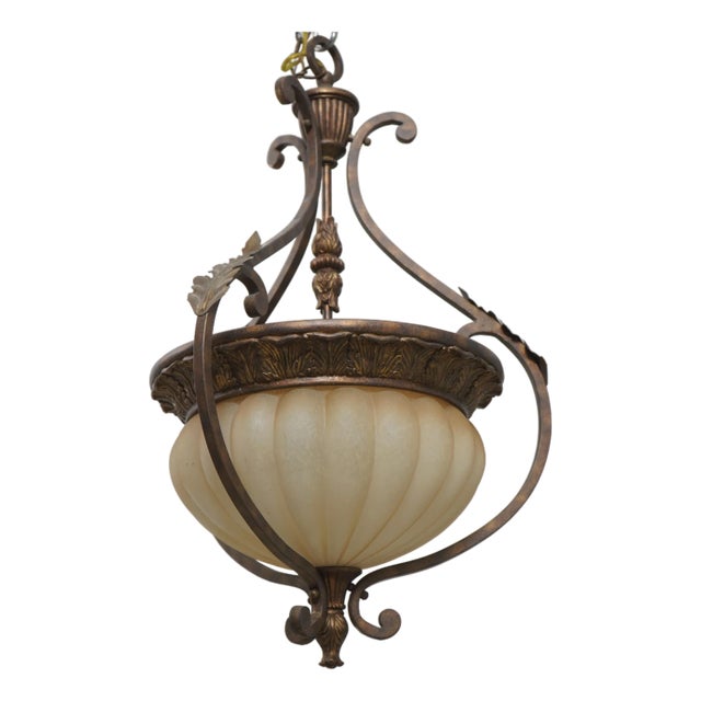 Italian Style Metal Chandelier W. Frosted Shade For Sale