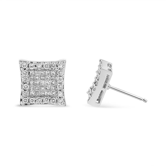 Contemporary 14K White Gold 1.00 Cttw Princess And Round-Cut Diamond Square Stud Earrings (G-H Color, SI1-SI2 Clarity) For Sale - Image 3 of 5