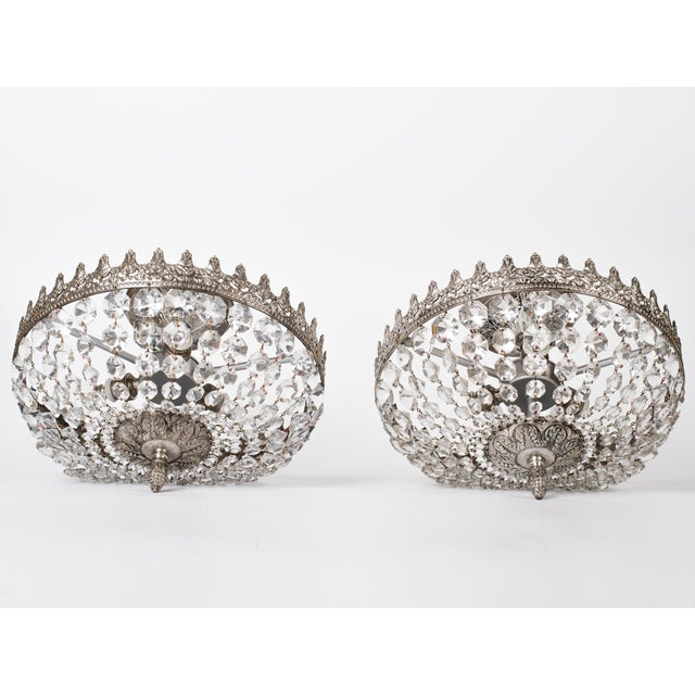 Hollywood Regency 1960s Spanish French Empire Nickel Plated Brass Crystal Basket Semi Flush Mounts - A Pair For Sale - Image 3 of 8