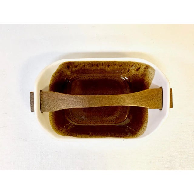 1950s Scandinavian Handmade Ceramic Dish With Wooden Handle For Sale - Image 4 of 9