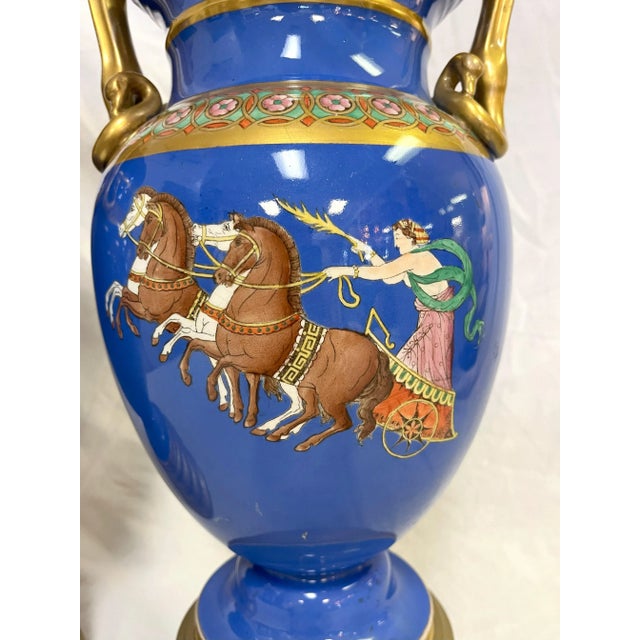 Early 20th Century European Neoclassical Hand Painted Blue Porcelain Urns With Chariot Scenes- a Pair For Sale In West Palm - Image 6 of 12