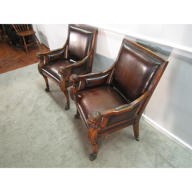 Traditional Theodore Alexander Pair of Mahogany Carved Leather Seat Chairs For Sale - Image 3 of 11