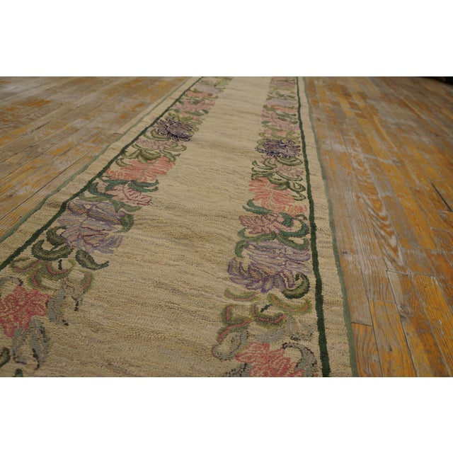 Ecru 1930s Tan Ecru Floral Folk Art Antique American Hooked Rug 2'2" X 19' Handknotted Wool Carpet For Sale - Image 8 of 18