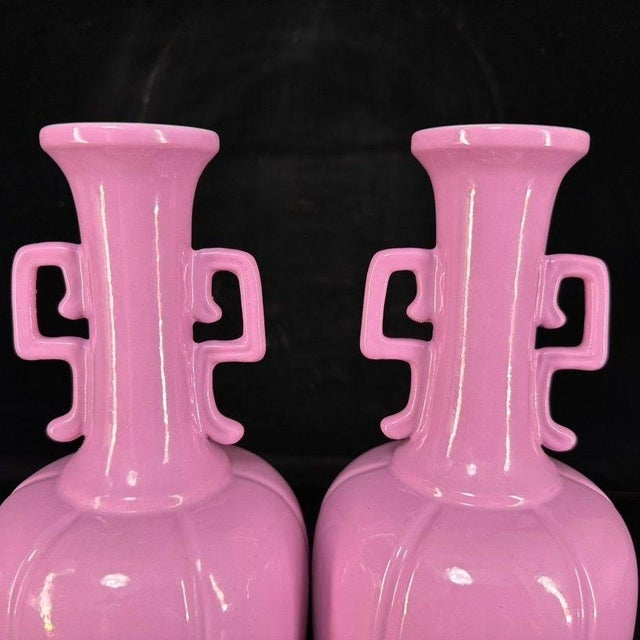 Late 20th Century Pair of Chinese Pink Glazed Porcelain Vases With Handles For Sale - Image 5 of 9