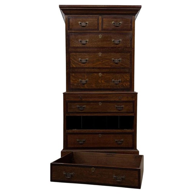 Antique English Oak Chest-on-Chest Tallboy with Brass Handles For Sale - Image 4 of 14