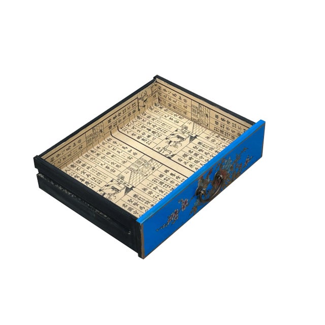 Blue Chinese Bright Blue Vinyl Moon Face Flower Birds End Table Nightstand For Sale - Image 8 of 11