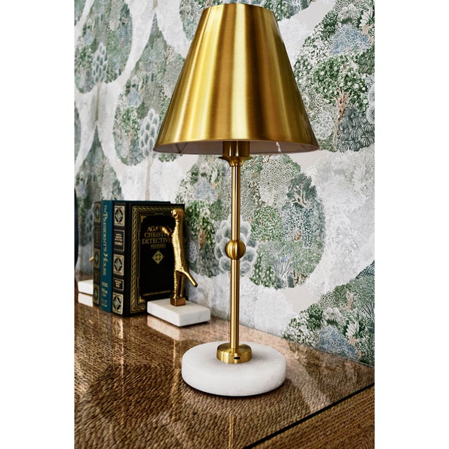 2020s Matthew Izzo Home Chanler Brass Rechargeable Table Lamp With Faux Alabaster Base and Metal Shade For Sale - Image 5 of 5