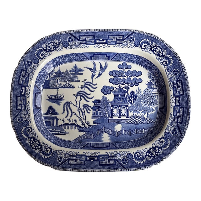 Antique English Blue & White Chinoiserie Serving Platter For Sale