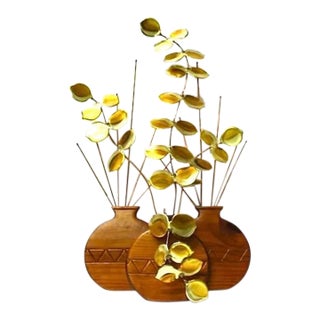 Teak Vases Brass Eucalyptus Wall Sculpture For Sale
