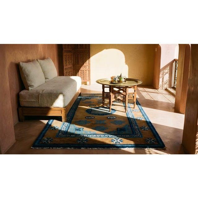 Camel Marvelous Camel and Blue Cerulean Border Color With Geometric Design Antique Chinese Baotou Rug For Sale - Image 8 of 9