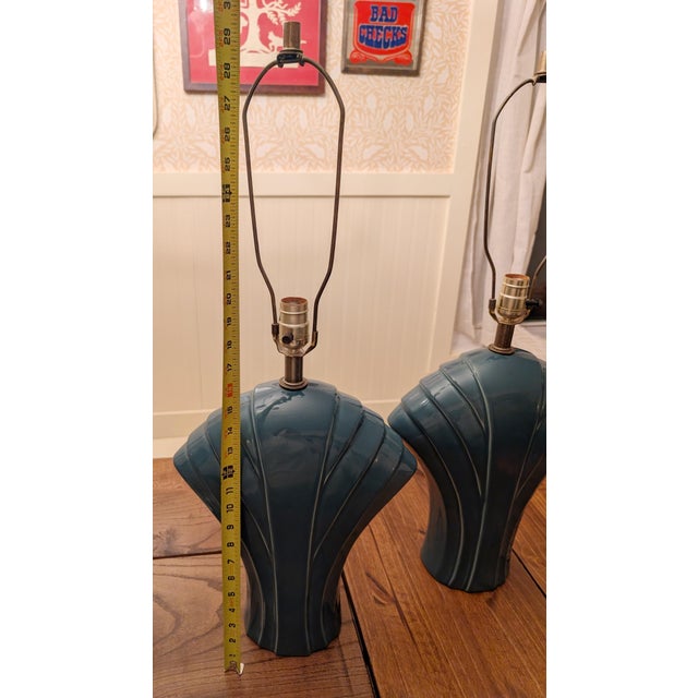 1960s 1960s Art Deco Teal Ceramic Lamp Set - a Pair For Sale - Image 5 of 5