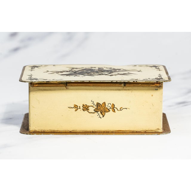Neat Vintage French Hand Painted Pressed Metal Trinket Jewelry Desk Box Home Decor For Sale - Image 9 of 12