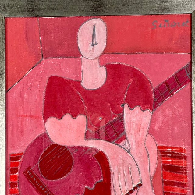 Paint Stunning Red Hues Original Vintage Modern Oil/Board Cubist Painting of Woman With Guitar, Signed For Sale - Image 7 of 10