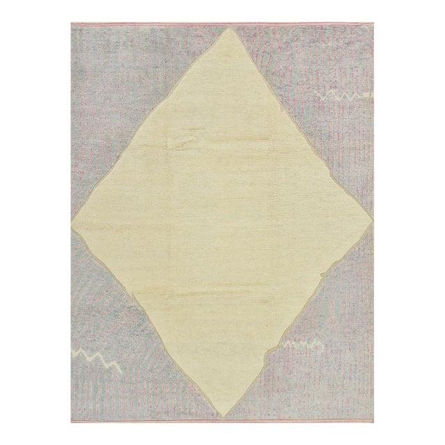 Moroccan Rug 9'1'' X 11'11'' Ivory Wool Contemporary Hand-Knotted Carpet For Sale