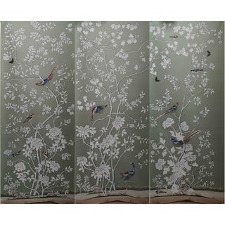 Sage Green Chinoiserie Mural | 3-Panel Hand-Painted Floral & Bird Wallpaper For Sale