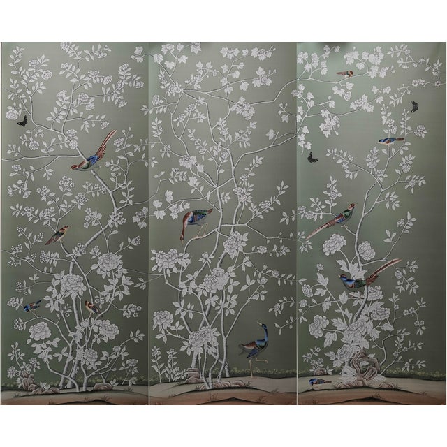 Sage Green Chinoiserie Mural | 3-Panel Hand-Painted Floral & Bird Wallpaper For Sale