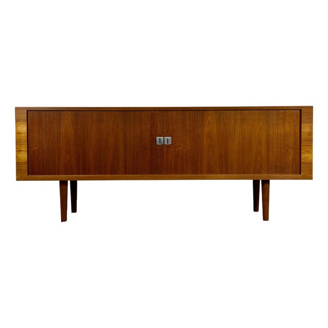 1960s Hans J Wegner "President" Credenza - Mid Century Danish Modern Teak Tambour Door Cabinet For Sale