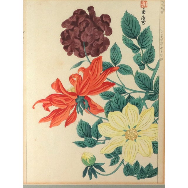Japanese Japanese Woodblock Botanical Print of Three Dstinct Varieties of Dahlia by Tanigami Kōnon For Sale - Image 3 of 9