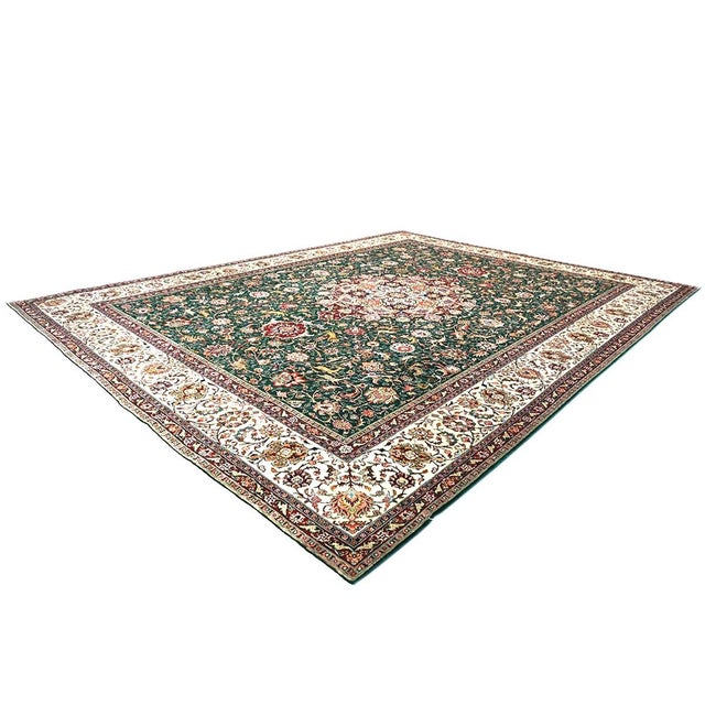 Persian Antique Persian Tabriz Wool 9x12 Green & Ivory Handmade Area Rug #1143223 For Sale - Image 3 of 9