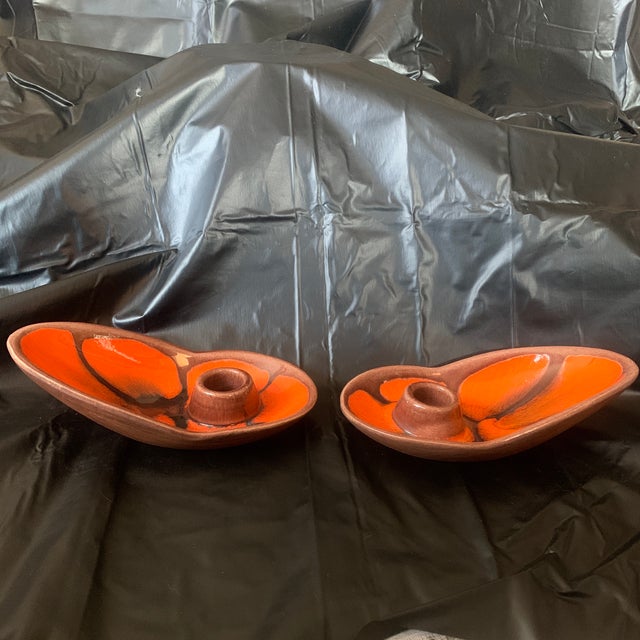 1970s Mid Century Modern Pottery Candlestick Holders With Orange and Brown Glaze 1970s - Pair For Sale - Image 5 of 6