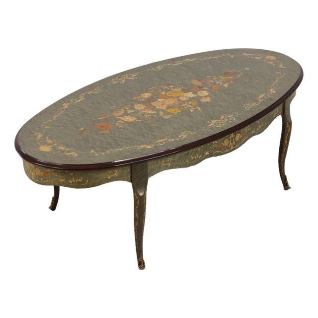 Italian Marquetry Inlaid Oval French Style Coffee Table For Sale