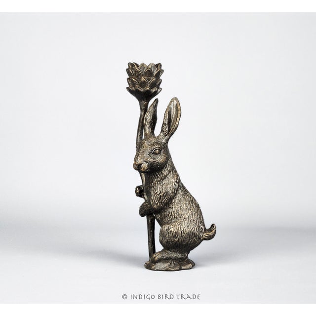 Traditional Vintage Bronze Rabbit Butler With Flower Candlestick Holder For Sale - Image 3 of 8