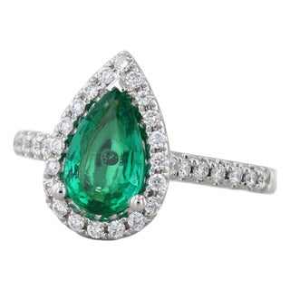 1.32ctw Emerald Diamond Halo Teardrop Ring 14k White Gold Size 6.5 Engagement For Sale