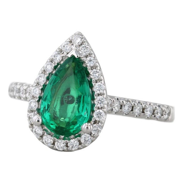 1.32ctw Emerald Diamond Halo Teardrop Ring 14k White Gold Size 6.5 Engagement For Sale