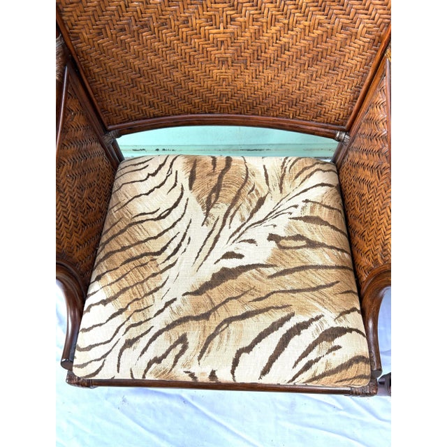 Brown Vintage Bamboo & Rattan Arm Chairs – Pair of Wicker Dining or Accent Chairs With Upholstered Seats For Sale - Image 8 of 12