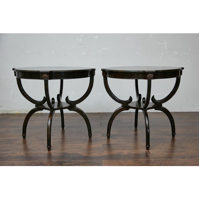 English Midcentury Period Dark Lacquered Side Tables with Neoclassical Accents For Sale - Image 11 of 12