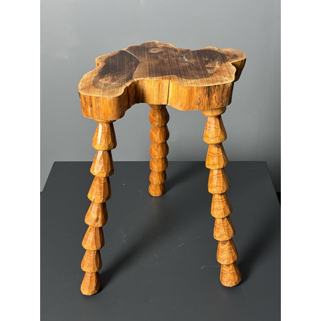 Wood Mid-Century Brutalist French Artisanal Handmade Wood Turned Tripod Stool, 1960s For Sale - Image 7 of 17