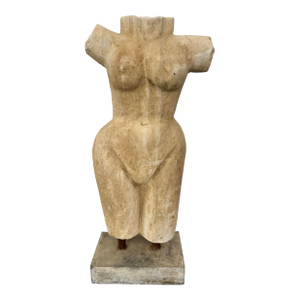1970s Monumental 25” Cycladic Style Carved Stone Torso Sculpture on Brutalist Concrete Base