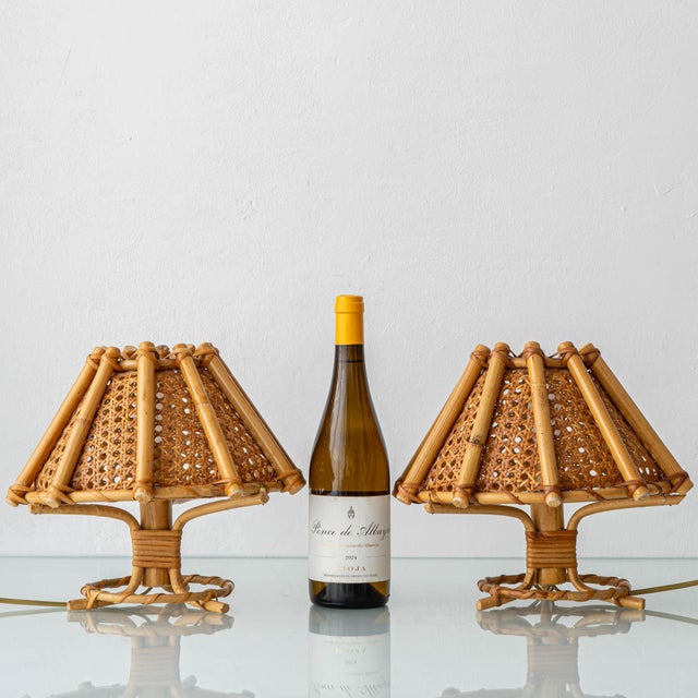 Vintage French Riviera Rattan Table Lamps in the style of Louis Sognot, 1960s, Set of 2 For Sale - Image 3 of 12
