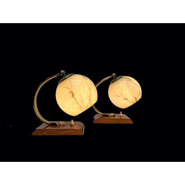 Art Deco Austrian Walnut and Glass Bedside Table Lamps, 1930s, Set of 2 For Sale - Image 9 of 13