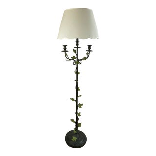 1985 Vintage French Bouillotte Cast Iron Floor Lamp With Green Leaves, Signed Jen Lee For Sale