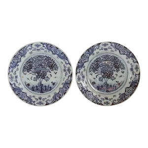 Dutch Delft 't Fortuyn Factory Tin-glazed Pottery Blue and White Plates - a Pair