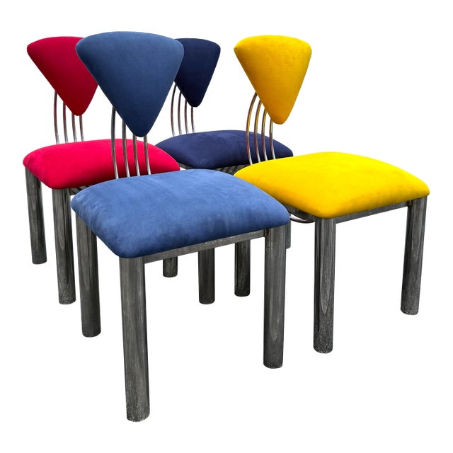Mid 20th Century Suede Ettore Sottsass Memphis Style Chairs - Set of 4 For Sale