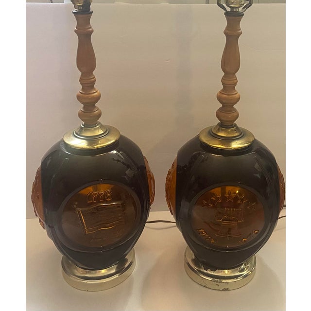 1940s Vintage Phoenix Consolidated Light Co Amber 24” Set of Patriotic Lamps Rare - a Pair For Sale - Image 5 of 18