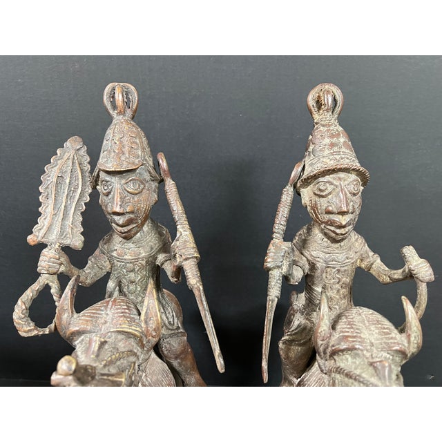 Late 20th Century Pair of African Tribal Art Benin Bronze Warrior Figures on Horseback For Sale - Image 5 of 16