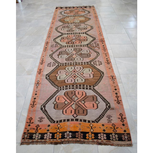 Vintage Turkish Handmade Runner Rug Tribal Design Kilim Organc Wool Hallway Rug Stair Runner - 3′6″ × 12′6″ For Sale - Image 6 of 11