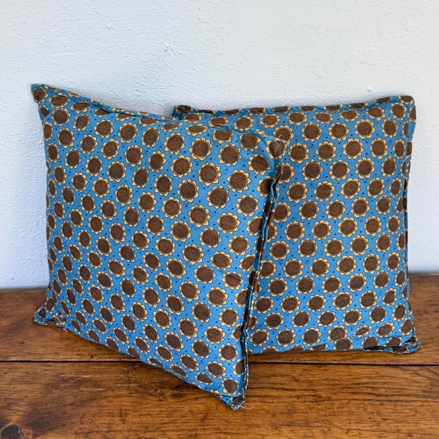 French Country 1970s Handmade Blue Sunflower Print Pillows, a Pair For Sale - Image 3 of 3