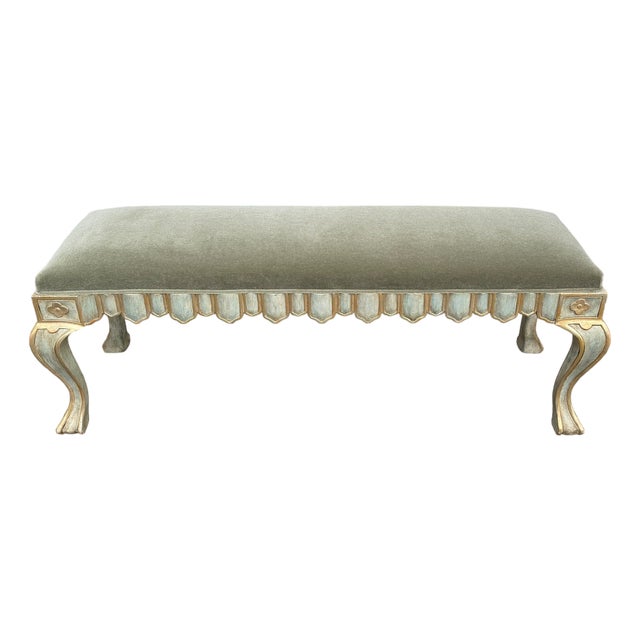 Venetian Style Michael Taylor Olive Mohair Gilded Bench For Sale