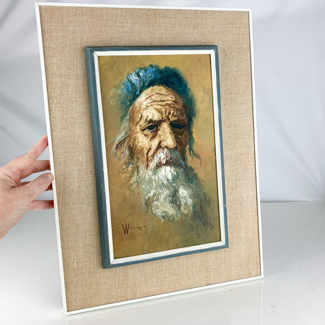 Mediterranean Mid 20th Century Vintage Portrait Jewish Man Hat Beard William Weintraub Oil Board Israeli Art For Sale - Image 3 of 12